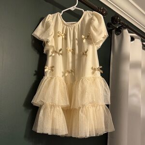Festive Gold Bow Tiered Tulle Dress 5T Flutter Sleeves